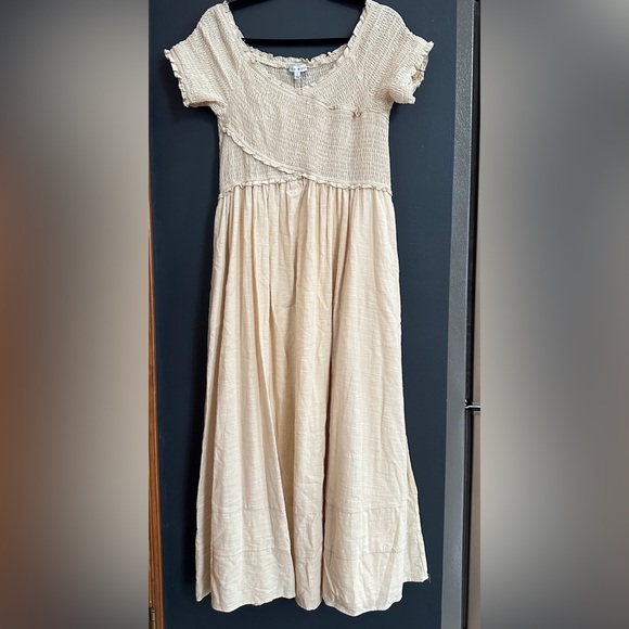 miou muse linen dress Miou Muse Womens Pop Off Linen Dress Sz Large Beige Short Sleeve